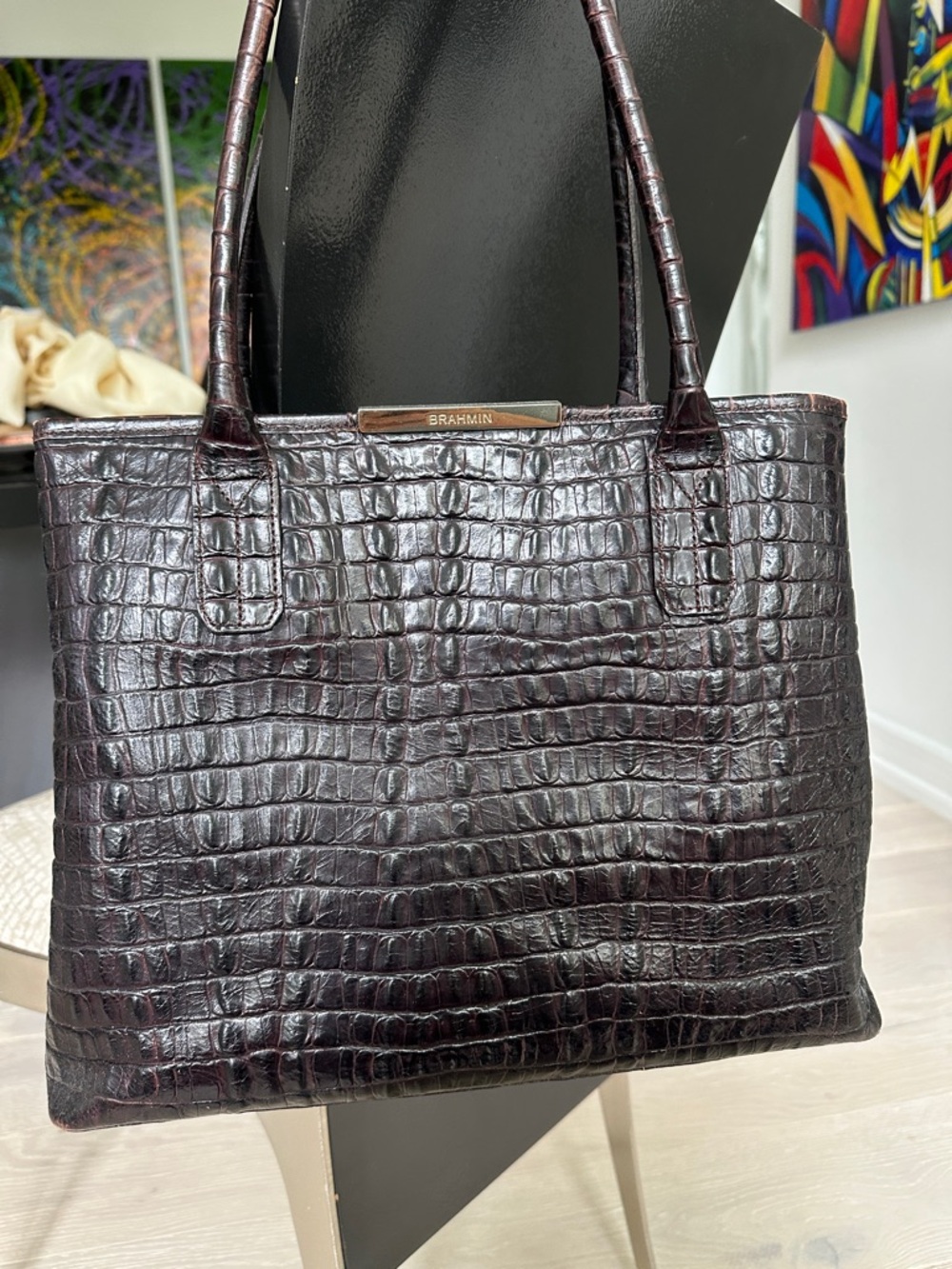 Brahmin Croc-Embossed Tote Bag in Dark Brown - Picture 4 of 6